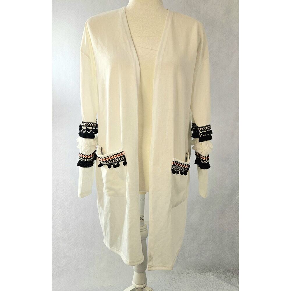 Sweater Cardigan Fringe Western Trim Sz M Boho Pockets Ethnic Batik